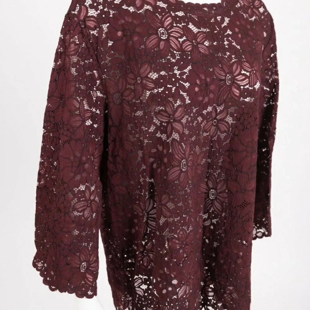 Zara Womens Lace Blouse Shirt Top XS Floral Burgun